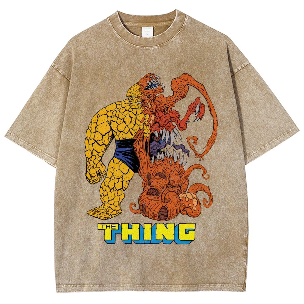 Retro Comic Rock Giant & Tentacle Monster Graphic Unisex Fit Washed T-Shirt