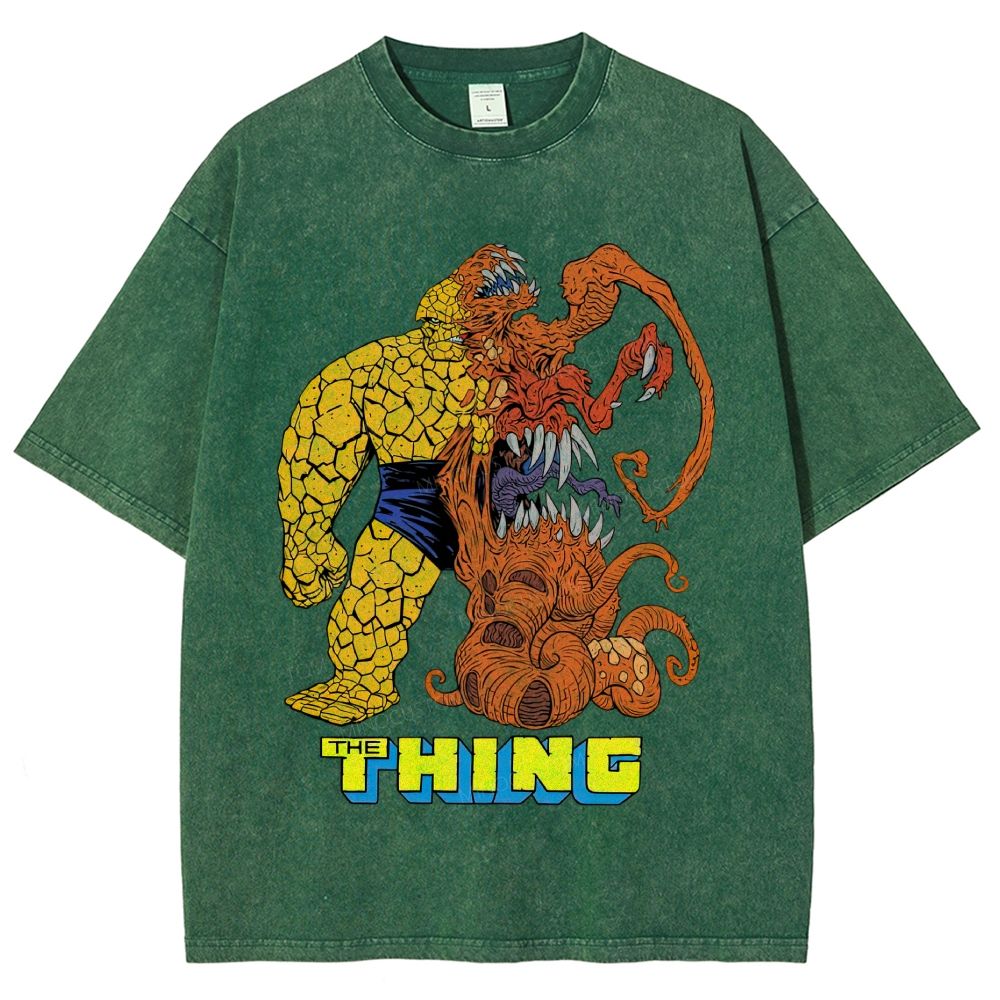 Retro Comic Rock Giant & Tentacle Monster Graphic Unisex Fit Washed T-Shirt