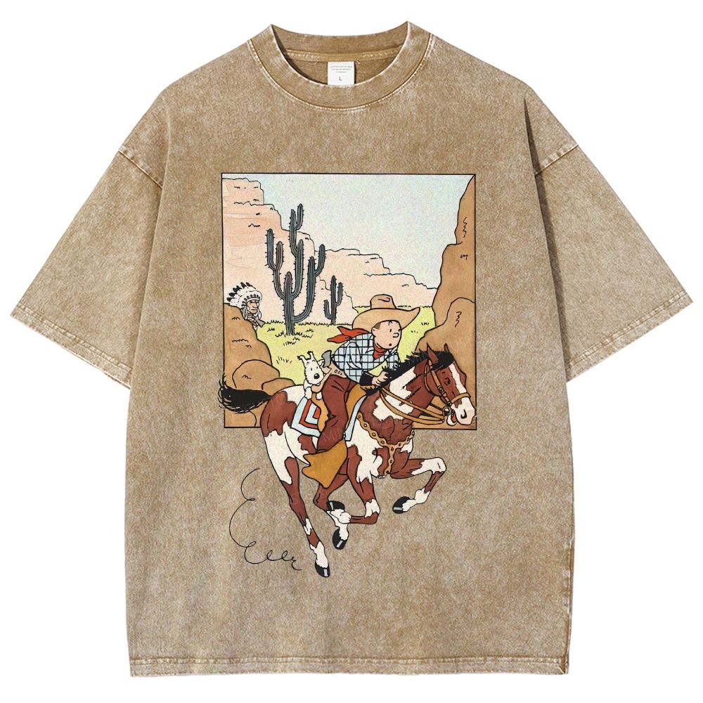 Vintage Mineral Washed Western Cowboy Cartoon Graphic Unisex Fit Washed T-Shirt