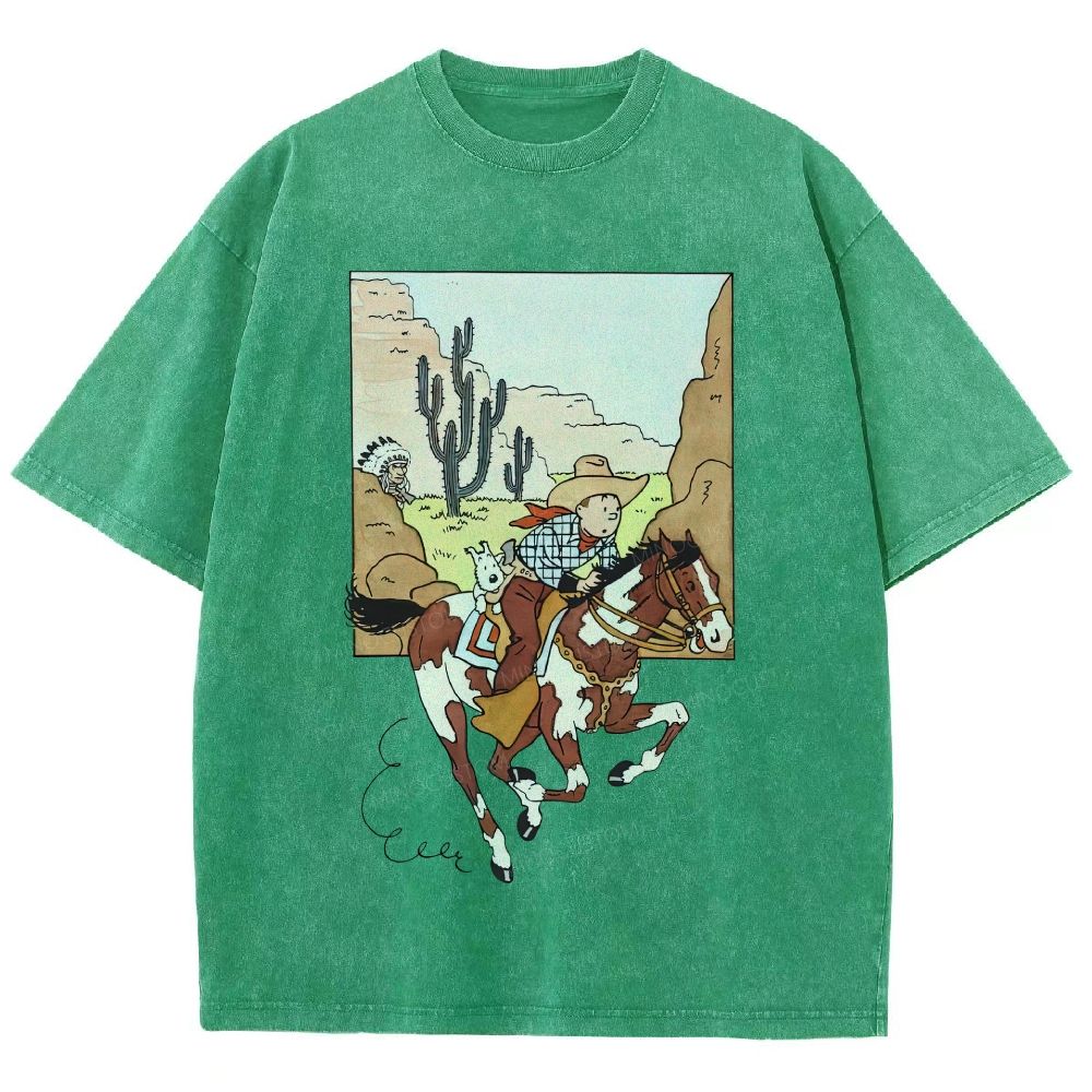 Vintage Mineral Washed Western Cowboy Cartoon Graphic Unisex Fit Washed T-Shirt