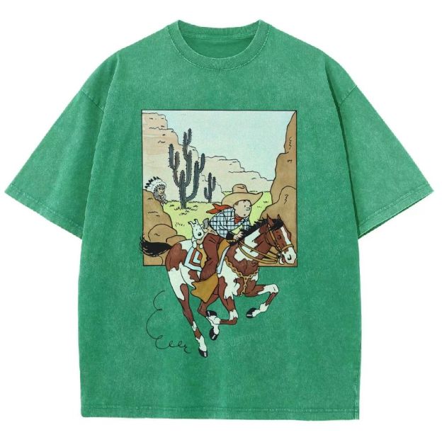 Vintage Mineral Washed Western Cowboy Cartoon Graphic Unisex Fit Washed T-Shirt