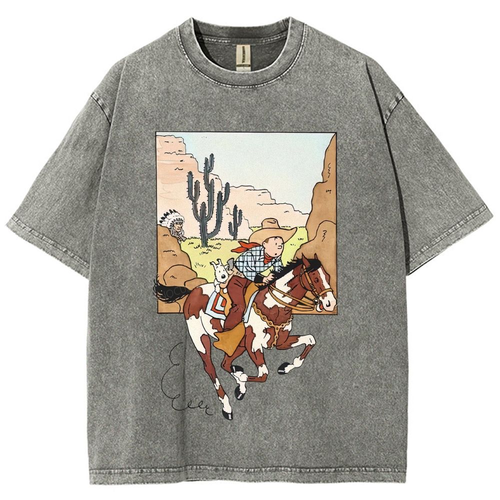 Vintage Mineral Washed Western Cowboy Cartoon Graphic Unisex Fit Washed T-Shirt