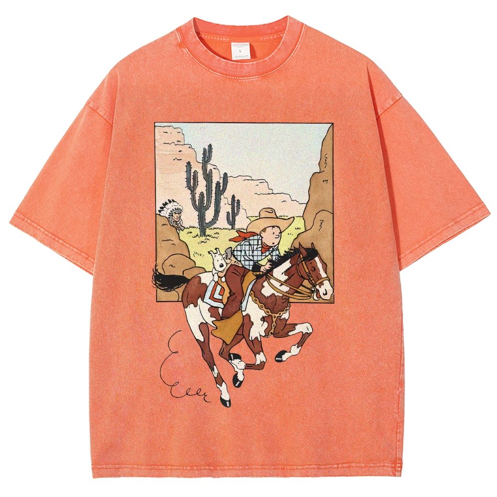 Vintage Mineral Washed Western Cowboy Cartoon Graphic Unisex Fit Washed T-Shirt