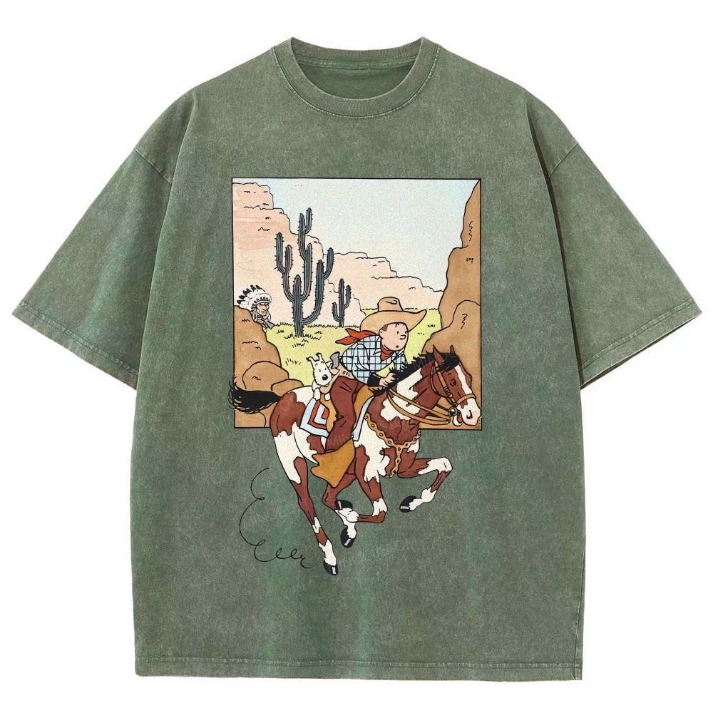 Vintage Mineral Washed Western Cowboy Cartoon Graphic Unisex Fit Washed T-Shirt