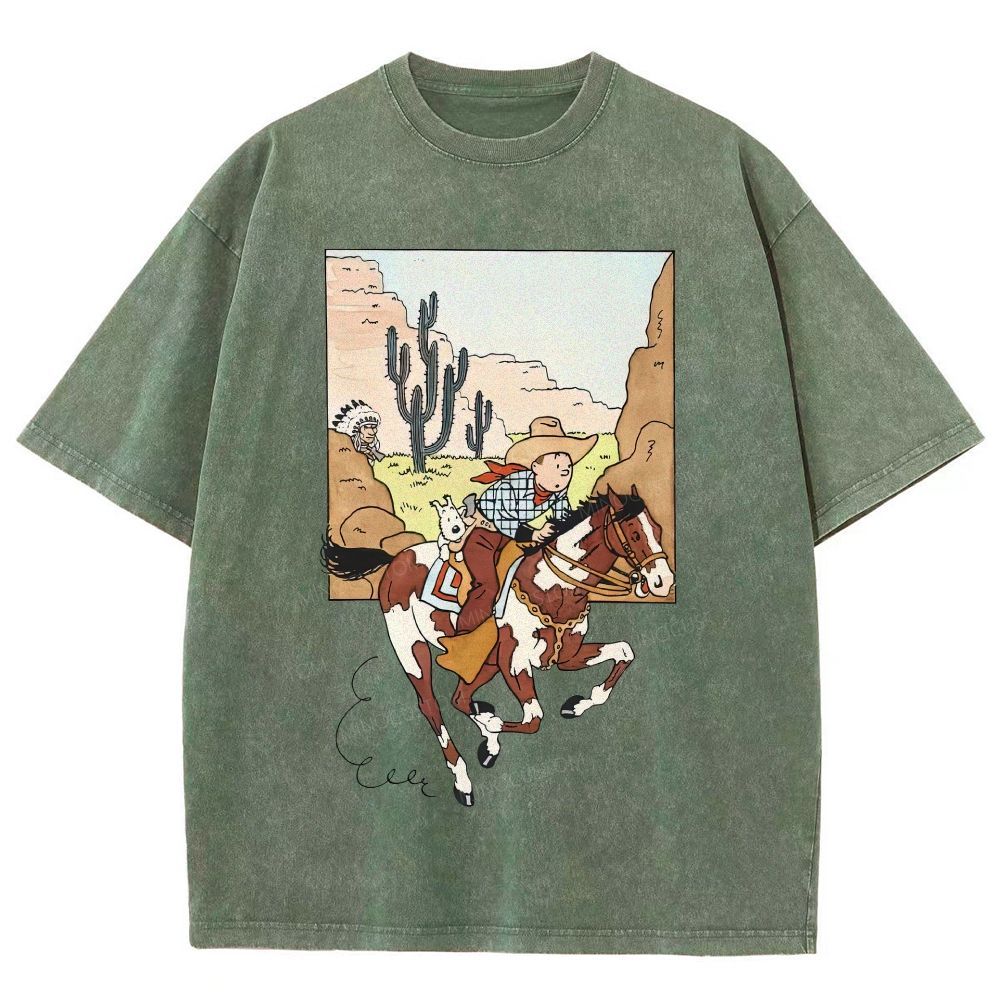 Vintage Mineral Washed Western Cowboy Cartoon Graphic Unisex Fit Washed T-Shirt