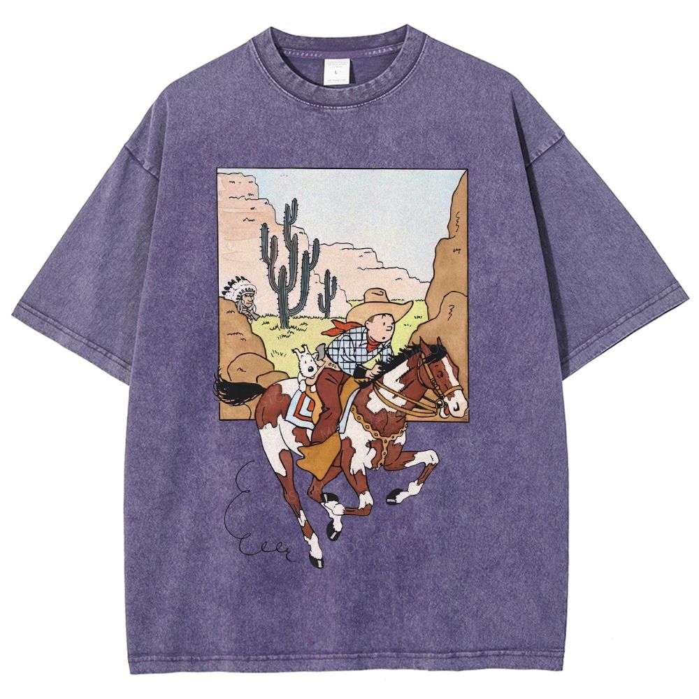 Vintage Mineral Washed Western Cowboy Cartoon Graphic Unisex Fit Washed T-Shirt