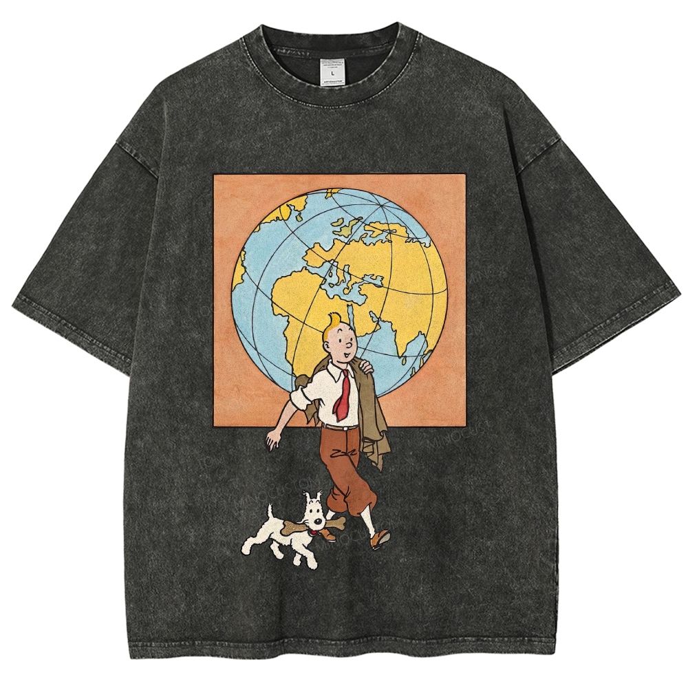 Vintage Mineral Washed World Travel Cartoon Graphic Unisex Fit Washed T-Shirt