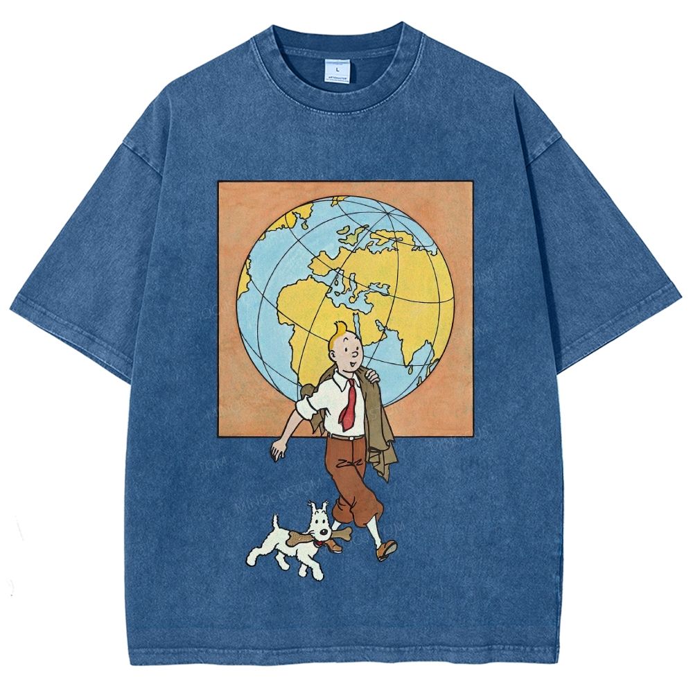 Vintage Mineral Washed World Travel Cartoon Graphic Unisex Fit Washed T-Shirt