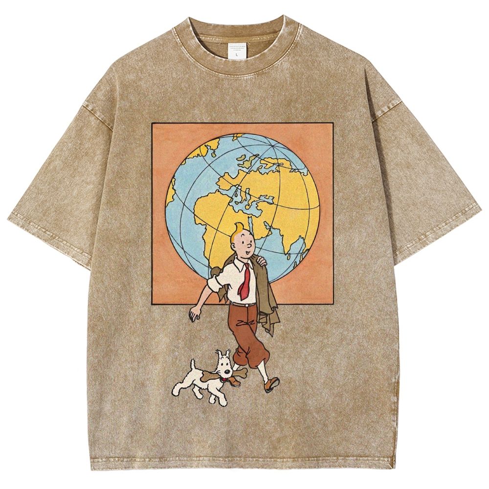 Vintage Mineral Washed World Travel Cartoon Graphic Unisex Fit Washed T-Shirt