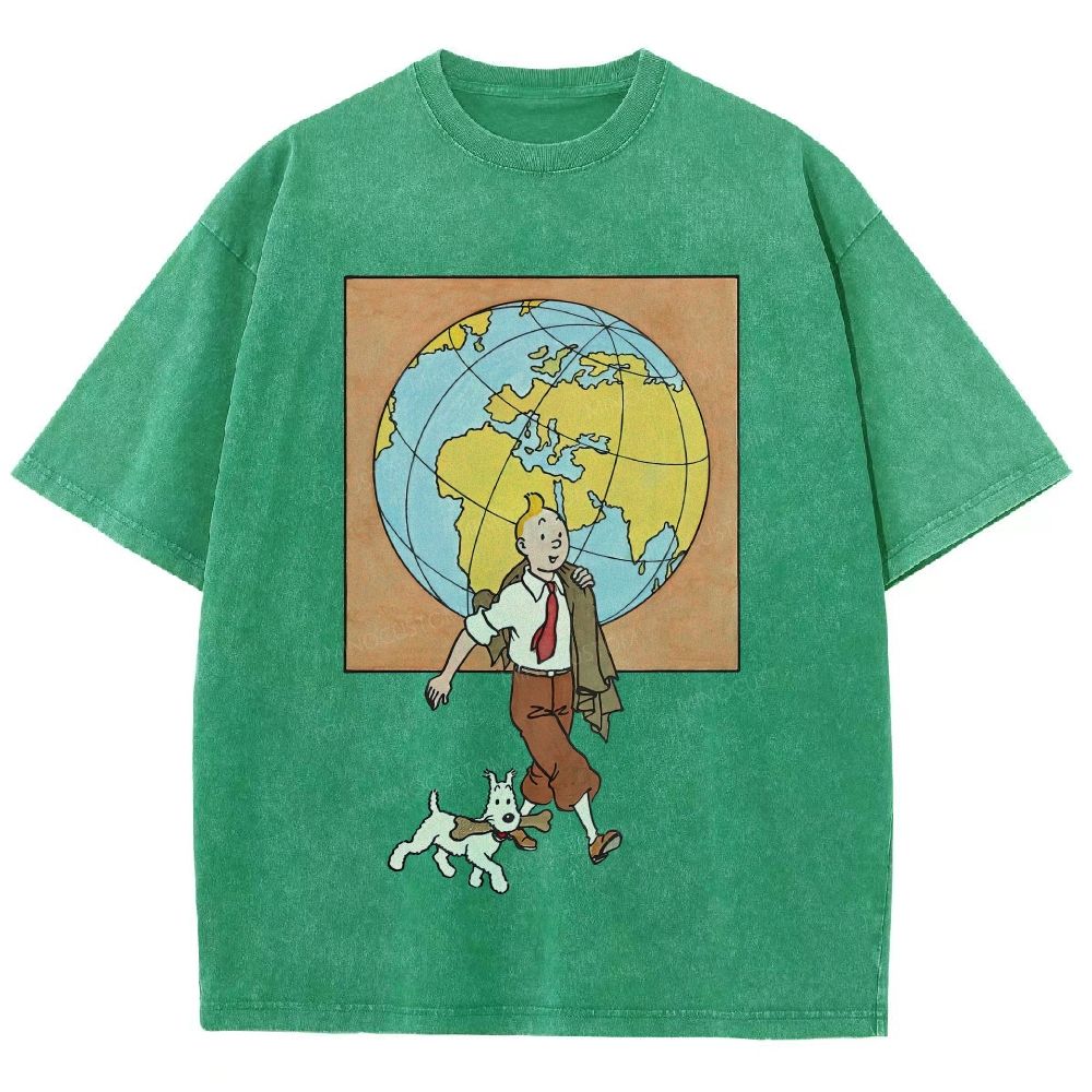 Vintage Mineral Washed World Travel Cartoon Graphic Unisex Fit Washed T-Shirt