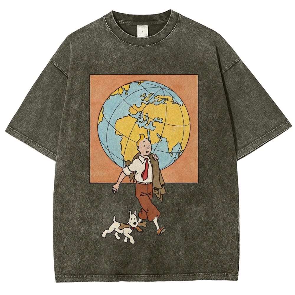 Vintage Mineral Washed World Travel Cartoon Graphic Unisex Fit Washed T-Shirt