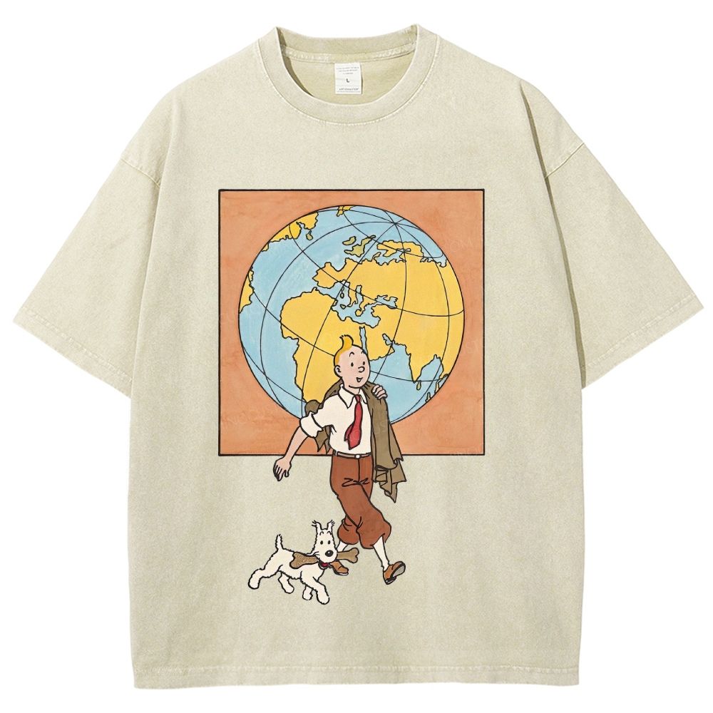 Vintage Mineral Washed World Travel Cartoon Graphic Unisex Fit Washed T-Shirt