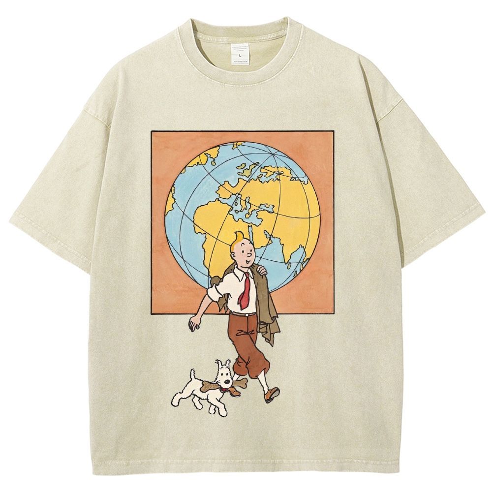 Vintage Mineral Washed World Travel Cartoon Graphic Unisex Fit Washed T-Shirt