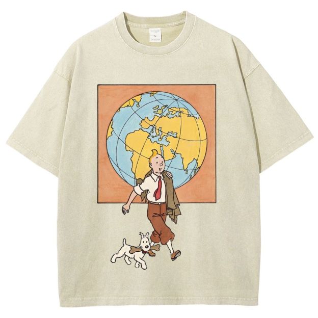 Vintage Mineral Washed World Travel Cartoon Graphic Unisex Fit Washed T-Shirt