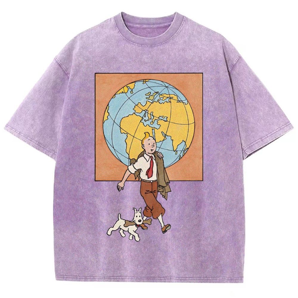 Vintage Mineral Washed World Travel Cartoon Graphic Unisex Fit Washed T-Shirt