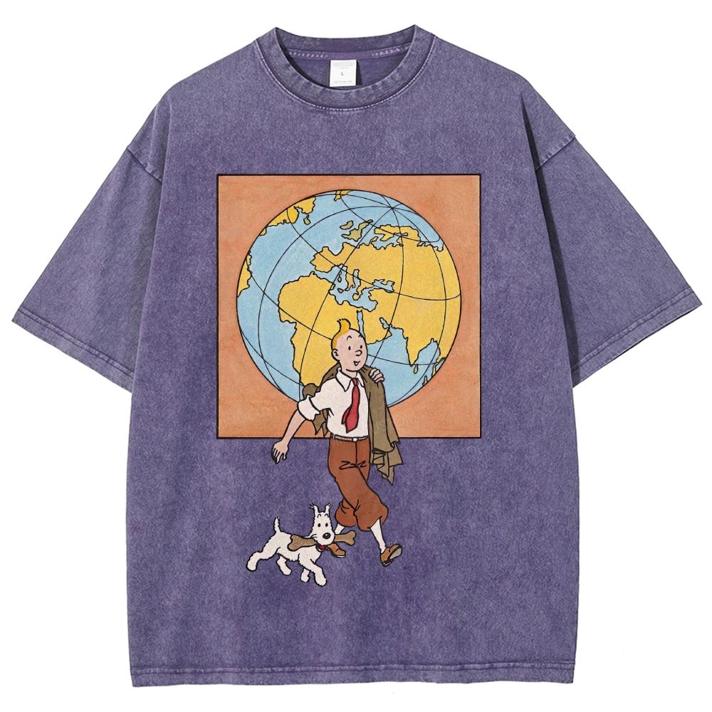 Vintage Mineral Washed World Travel Cartoon Graphic Unisex Fit Washed T-Shirt