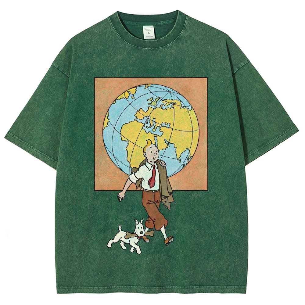 Vintage Mineral Washed World Travel Cartoon Graphic Unisex Fit Washed T-Shirt
