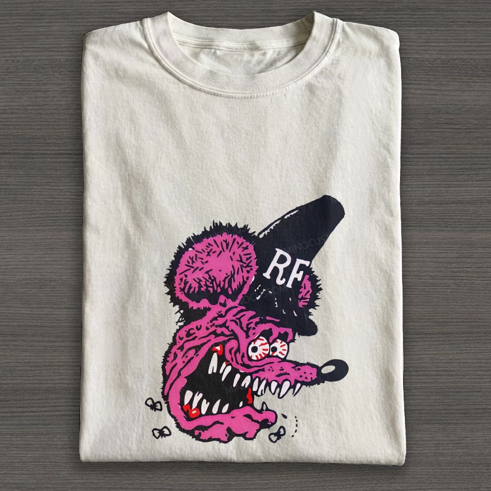 Weird Pink Mouse Cartoon Graphic Cotton T-shirt