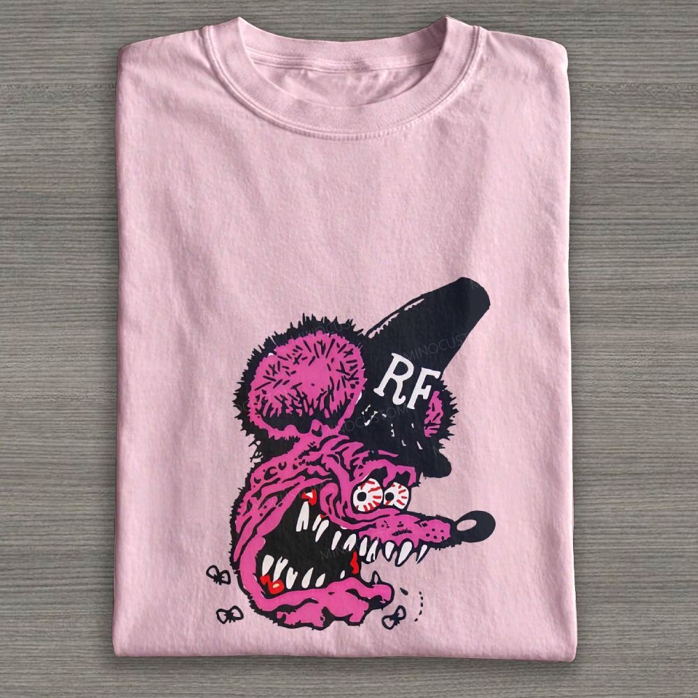 Weird Pink Mouse Cartoon Graphic Cotton T-shirt