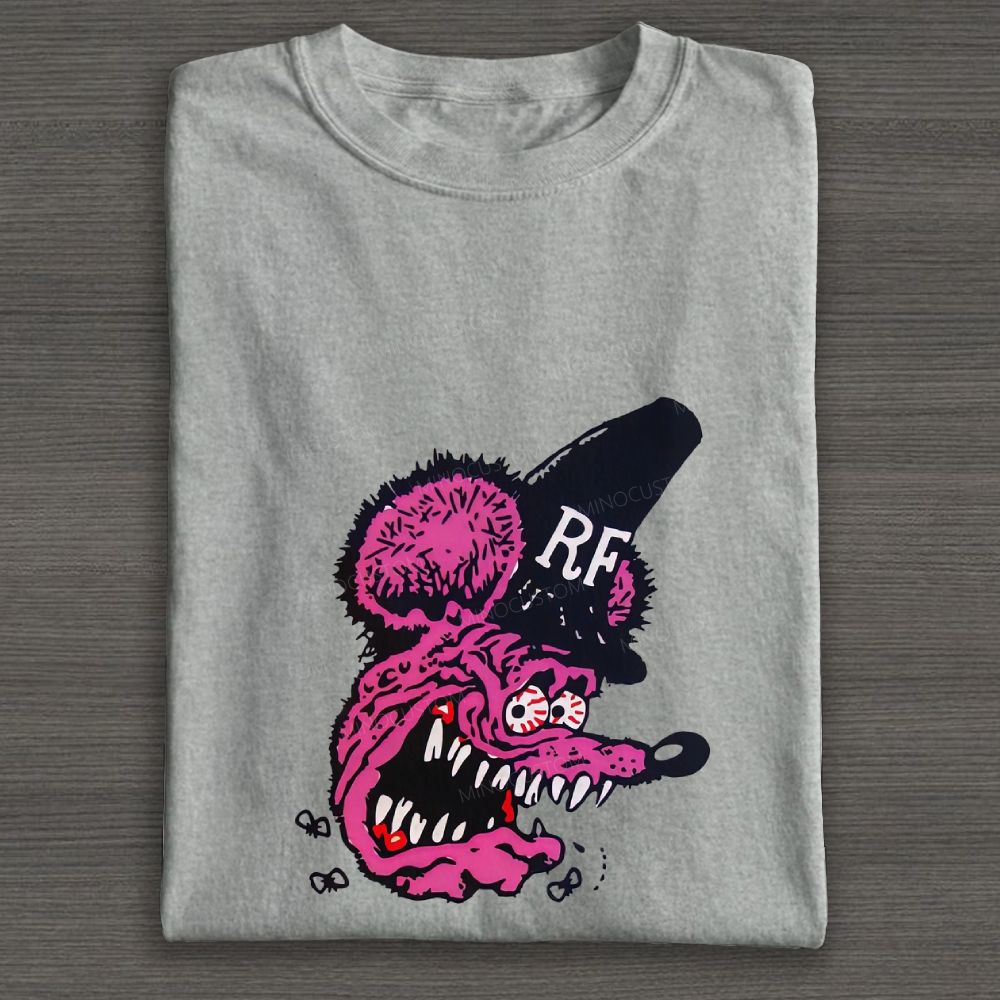 Weird Pink Mouse Cartoon Graphic Cotton T-shirt