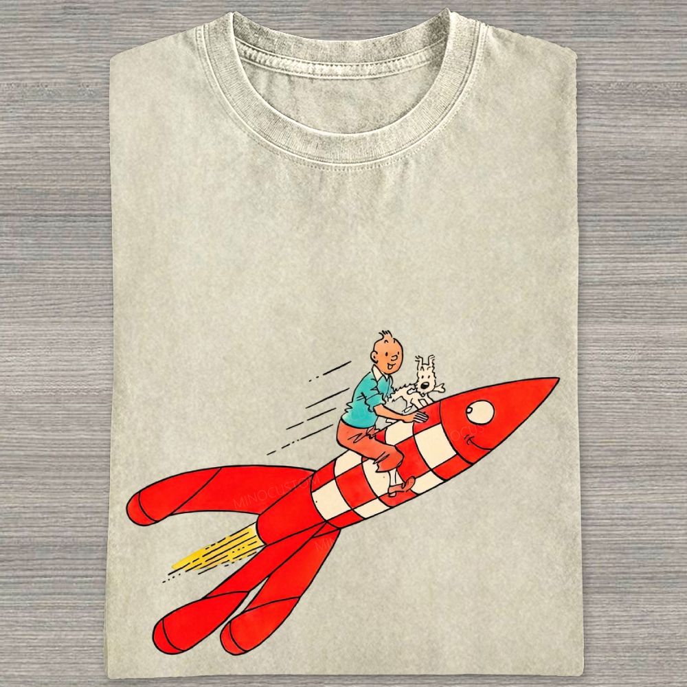 Retro Space Rocket Cartoon Figure Graphic Washed T-shirt