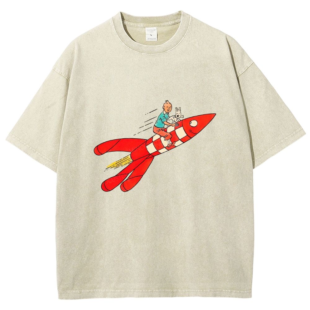 Retro Space Rocket Cartoon Figure Graphic Washed T-shirt