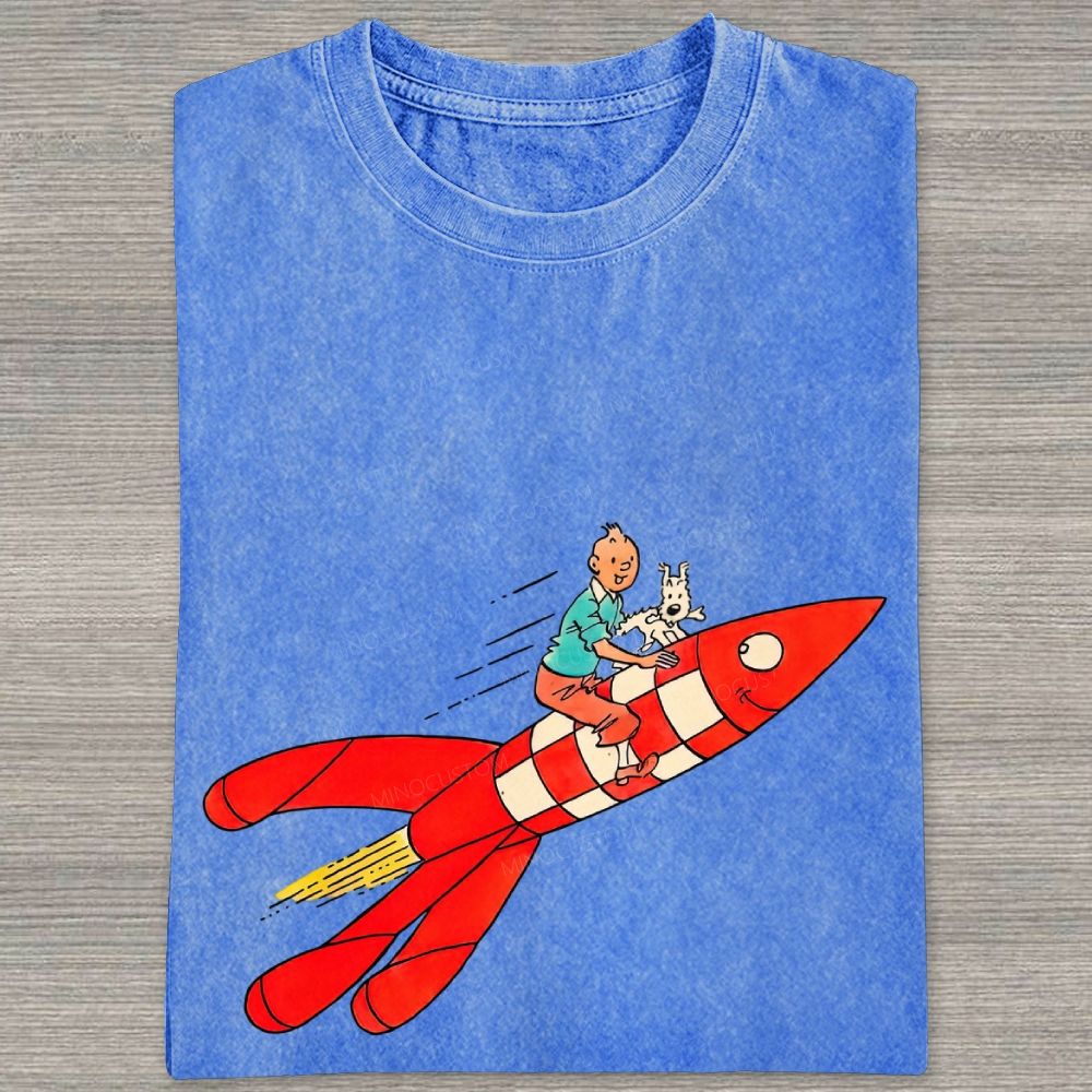 Retro Space Rocket Cartoon Figure Graphic Washed T-shirt