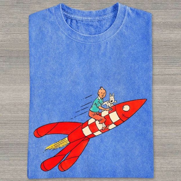 Retro Space Rocket Cartoon Figure Graphic Washed T-shirt