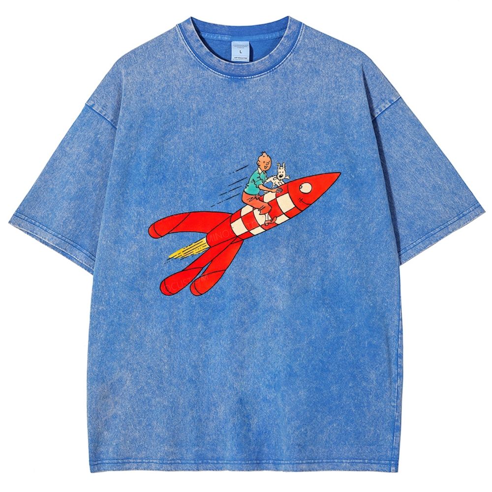 Retro Space Rocket Cartoon Figure Graphic Washed T-shirt