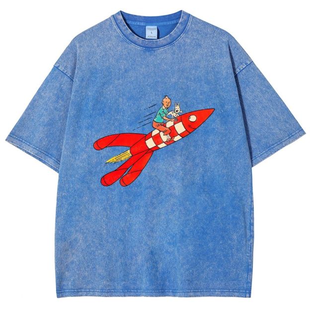 Retro Space Rocket Cartoon Figure Graphic Washed T-shirt