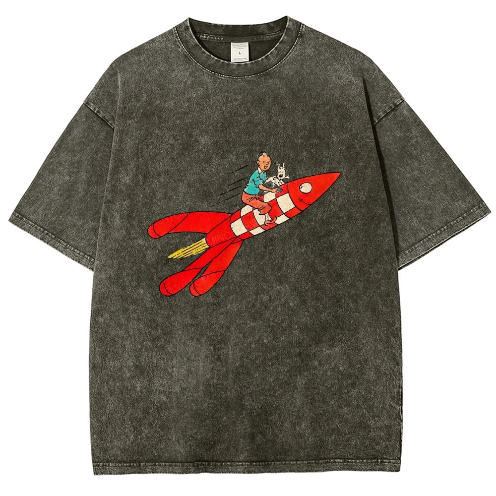 Retro Space Rocket Cartoon Figure Graphic Washed T-shirt
