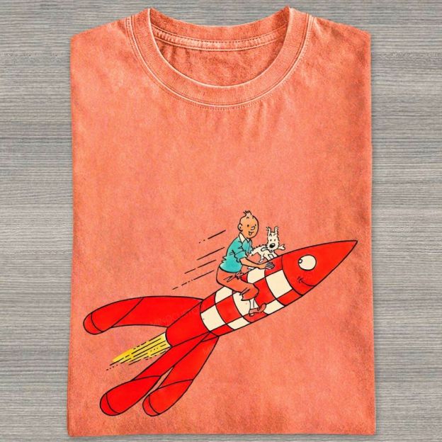 Retro Space Rocket Cartoon Figure Graphic Washed T-shirt