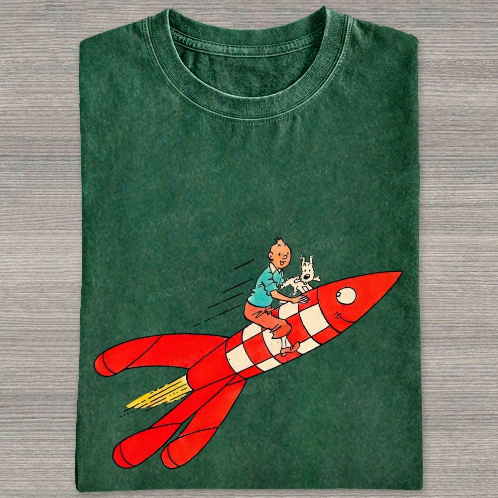 Retro Space Rocket Cartoon Figure Graphic Washed T-shirt