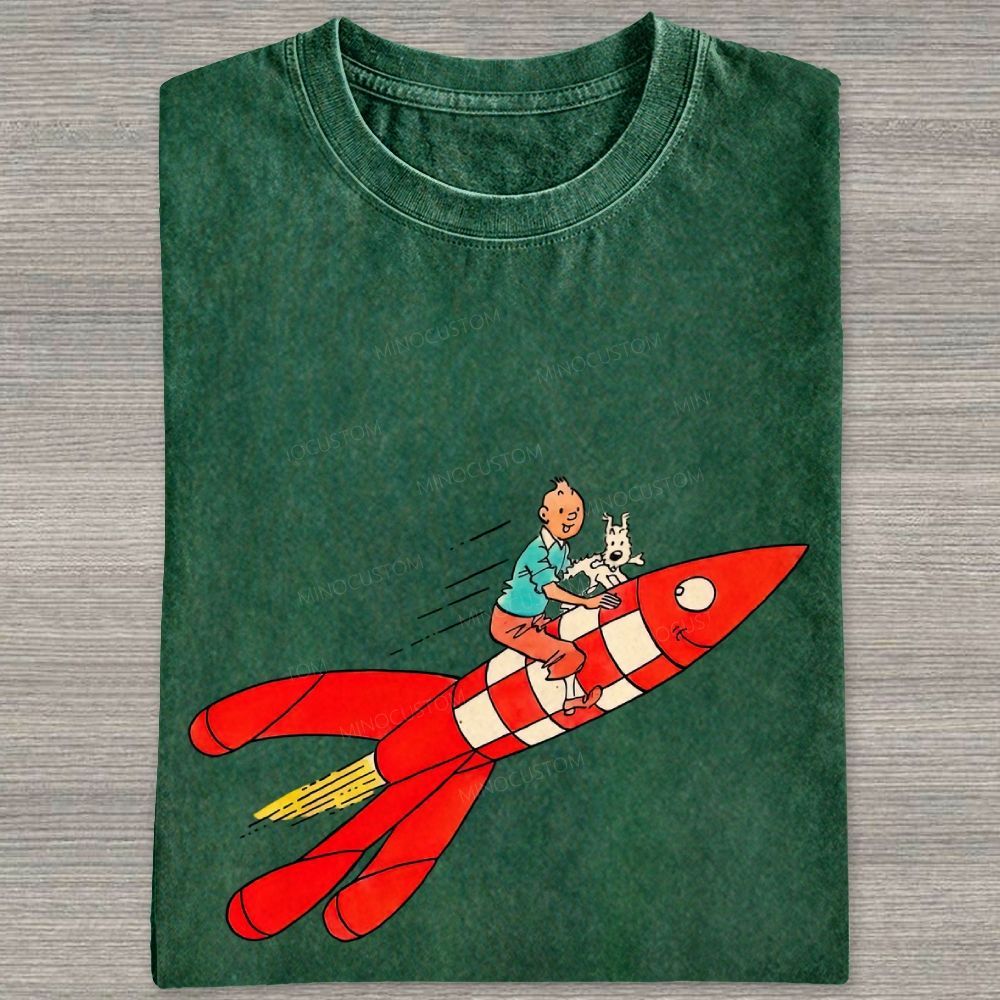 Retro Space Rocket Cartoon Figure Graphic Washed T-shirt