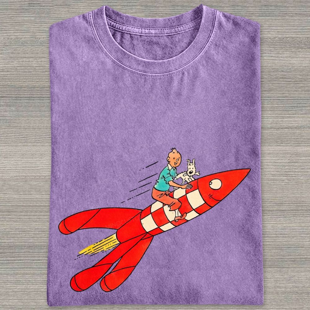 Retro Space Rocket Cartoon Figure Graphic Washed T-shirt