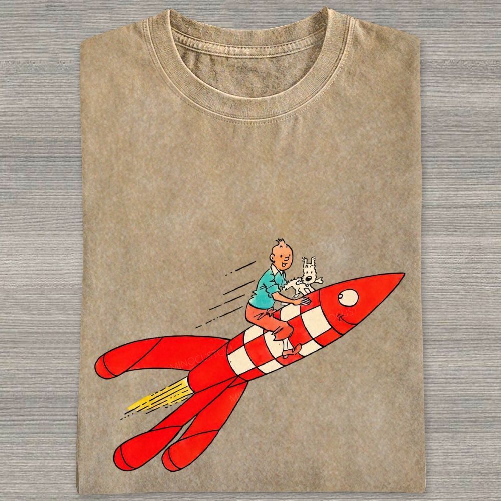 Retro Space Rocket Cartoon Figure Graphic Washed T-shirt