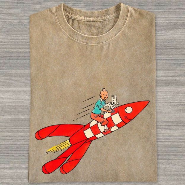 Retro Space Rocket Cartoon Figure Graphic Washed T-shirt