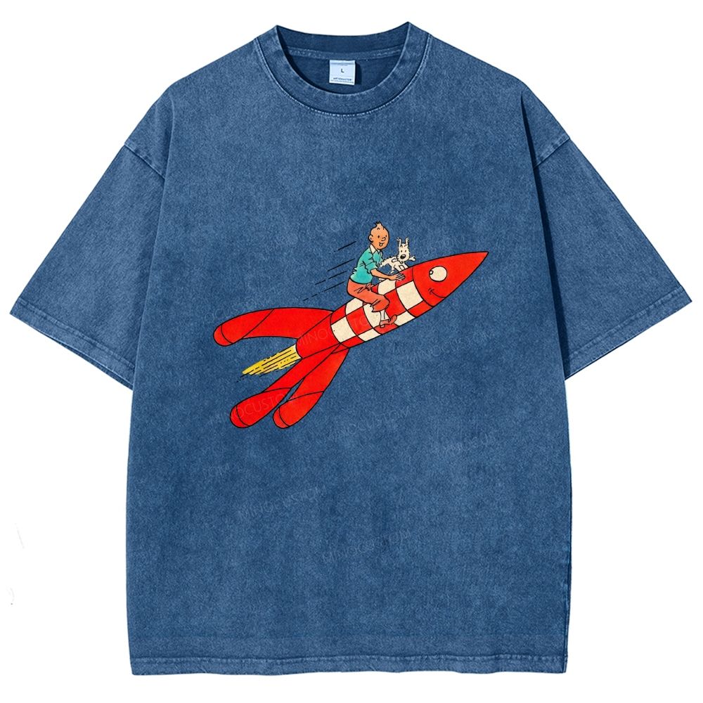 Retro Space Rocket Cartoon Figure Graphic Washed T-shirt