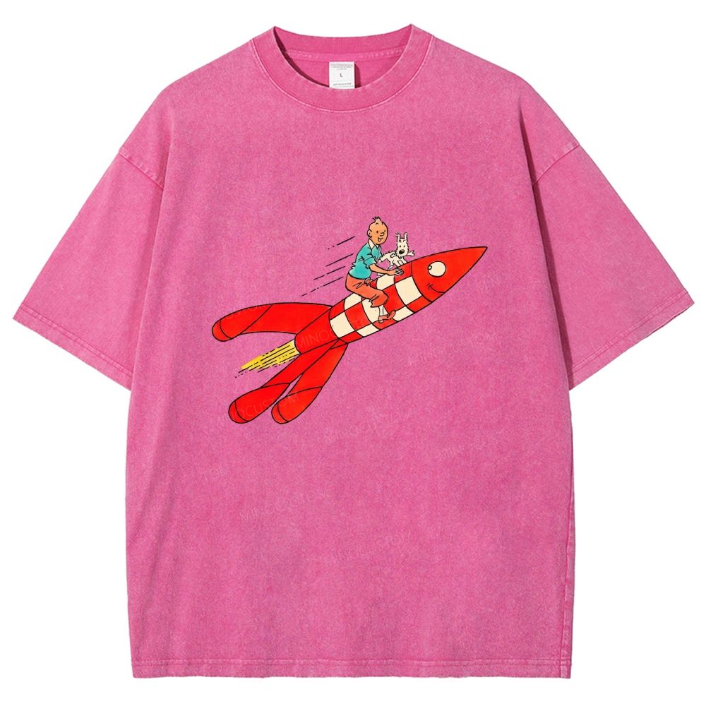 Retro Space Rocket Cartoon Figure Graphic Washed T-shirt