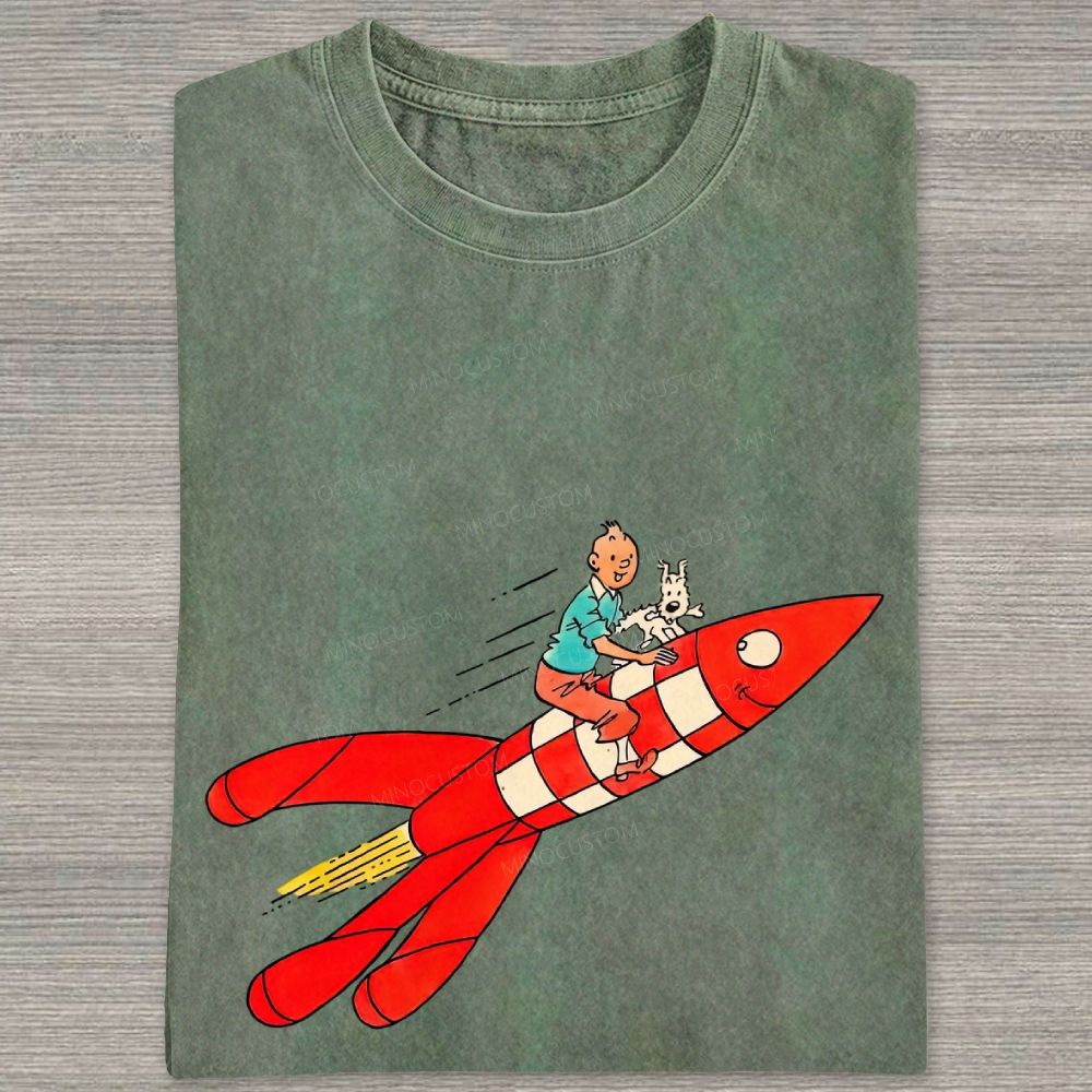 Retro Space Rocket Cartoon Figure Graphic Washed T-shirt