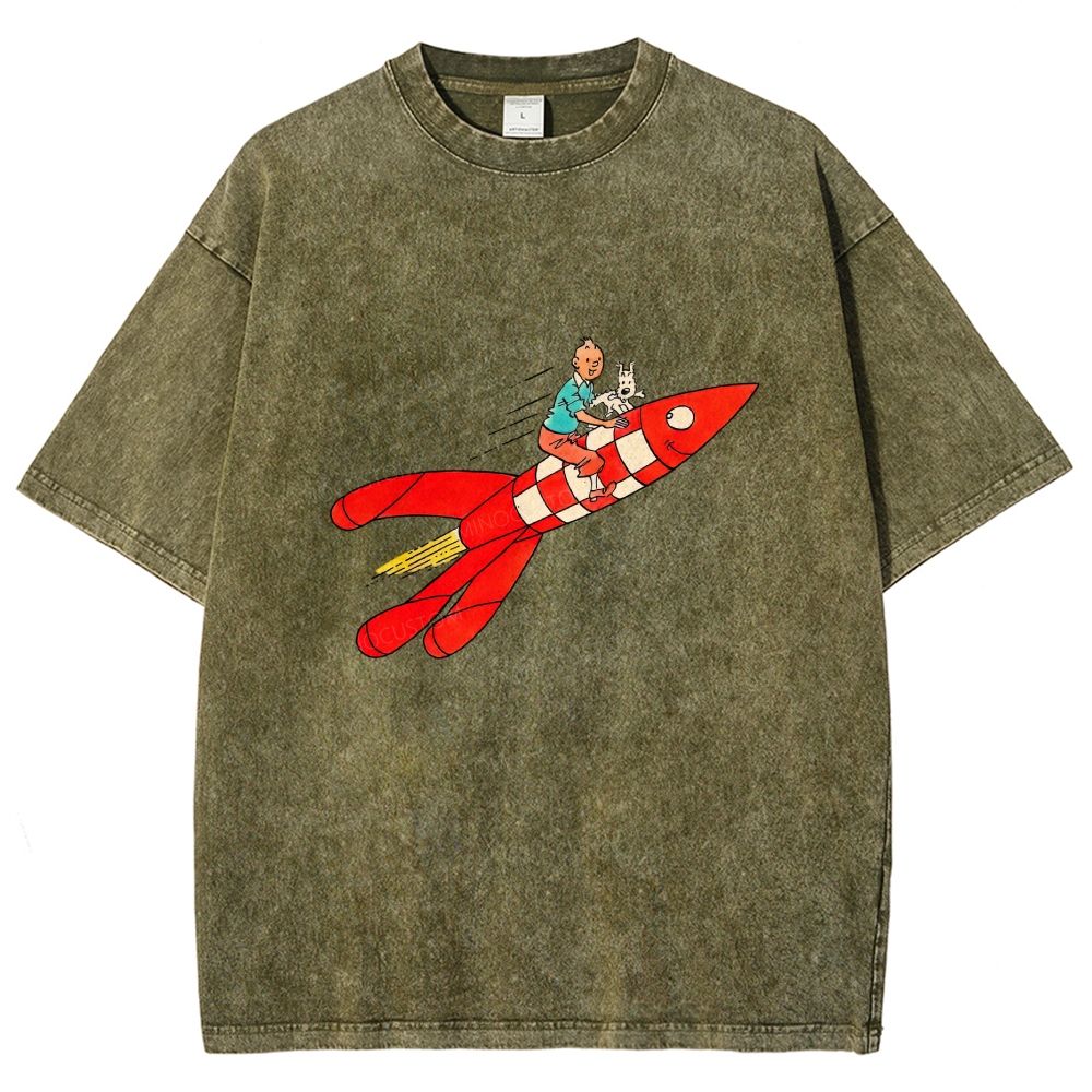 Retro Space Rocket Cartoon Figure Graphic Washed T-shirt