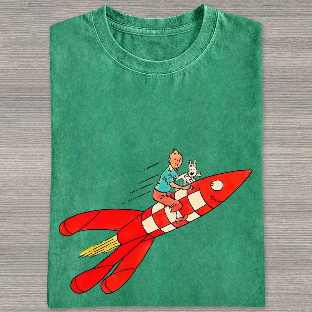 Retro Space Rocket Cartoon Figure Graphic Washed T-shirt