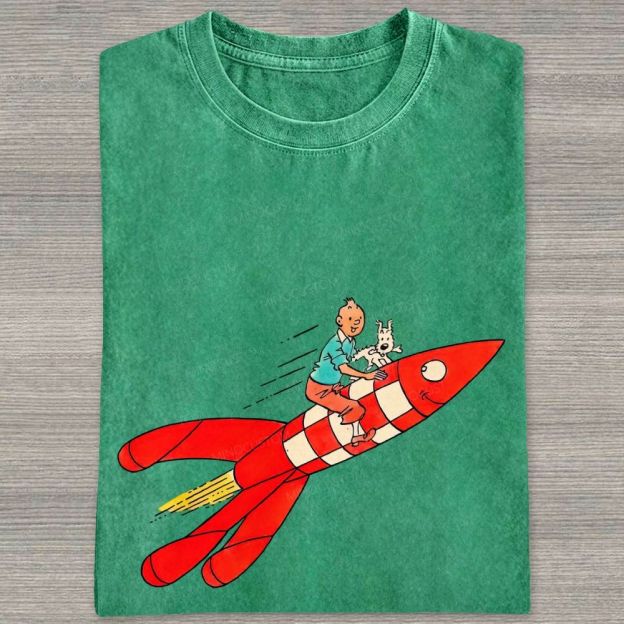Retro Space Rocket Cartoon Figure Graphic Washed T-shirt