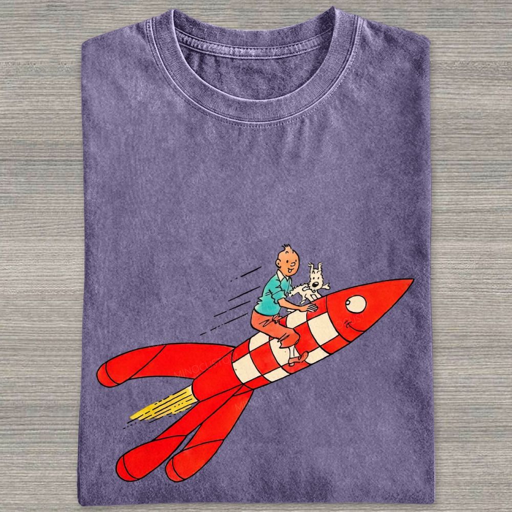 Retro Space Rocket Cartoon Figure Graphic Washed T-shirt