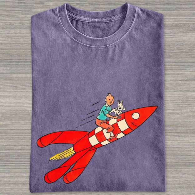 Retro Space Rocket Cartoon Figure Graphic Washed T-shirt