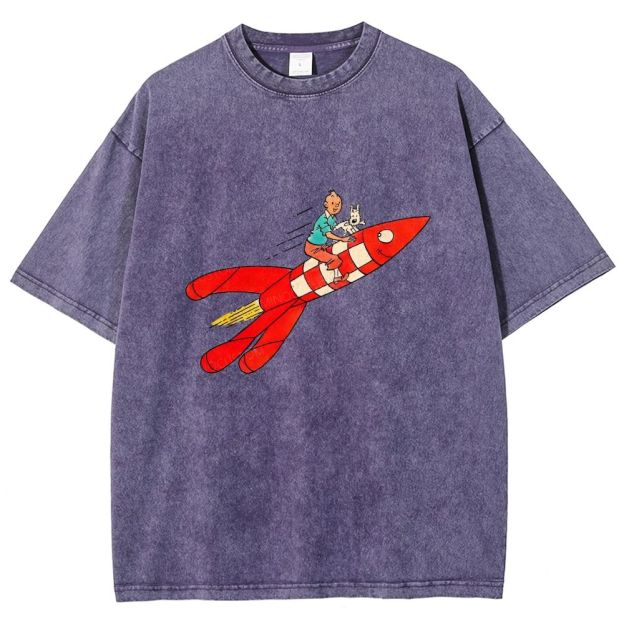 Retro Space Rocket Cartoon Figure Graphic Washed T-shirt