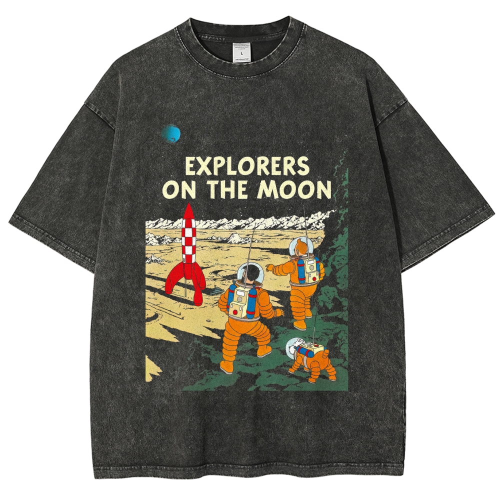 Retro Space Astronaut Moon Exploration Graphic Unisex Fit Washed T-Shirt