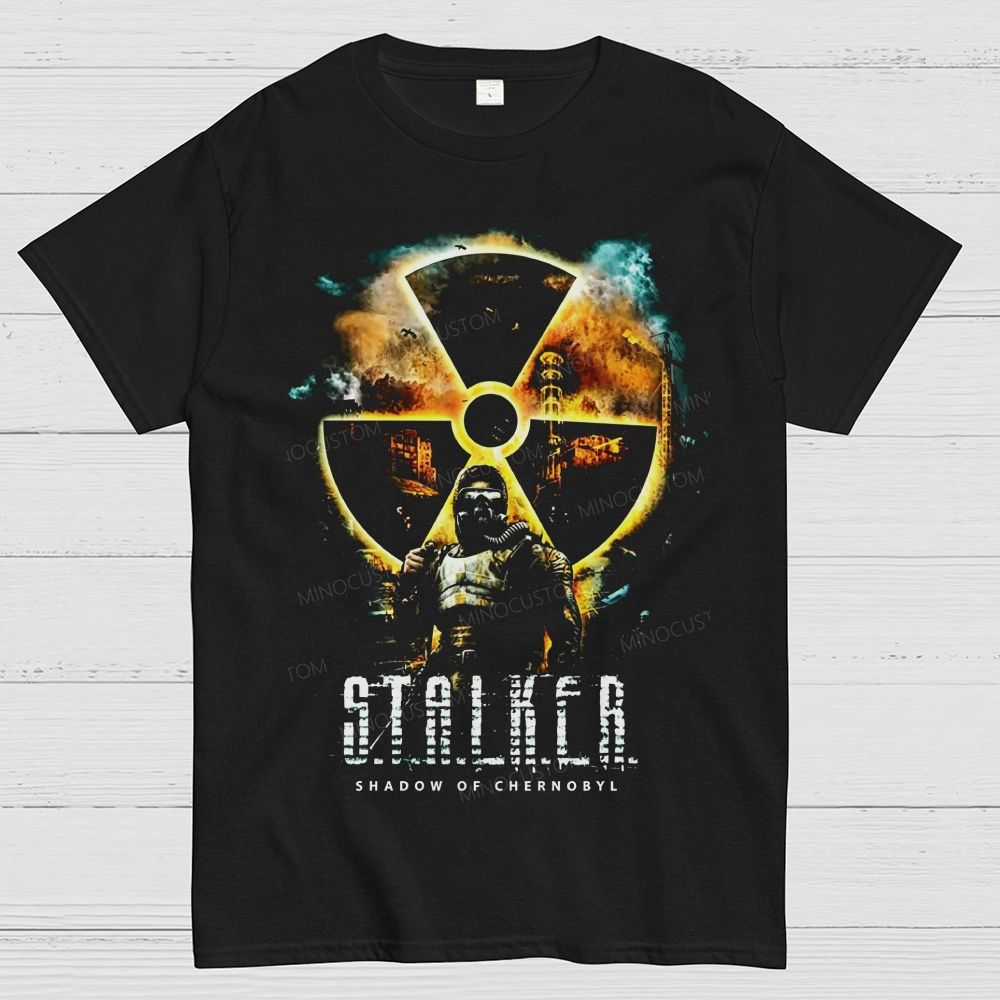 Post‑Apocalyptic Gas Mask Figure Glowing Hazard Cotton T-Shirt