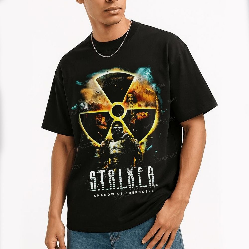 Post‑Apocalyptic Gas Mask Figure Glowing Hazard Cotton T-Shirt