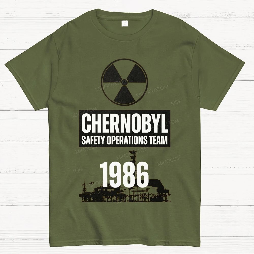 Bold Block Lettering Hazard Icon Industrial Facility Silhouette Cotton T-Shirt